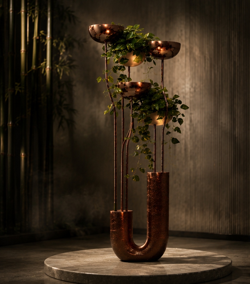 Bloom Sculptural Floor Lamp close-up showcasing warm copper finish and layered cups.