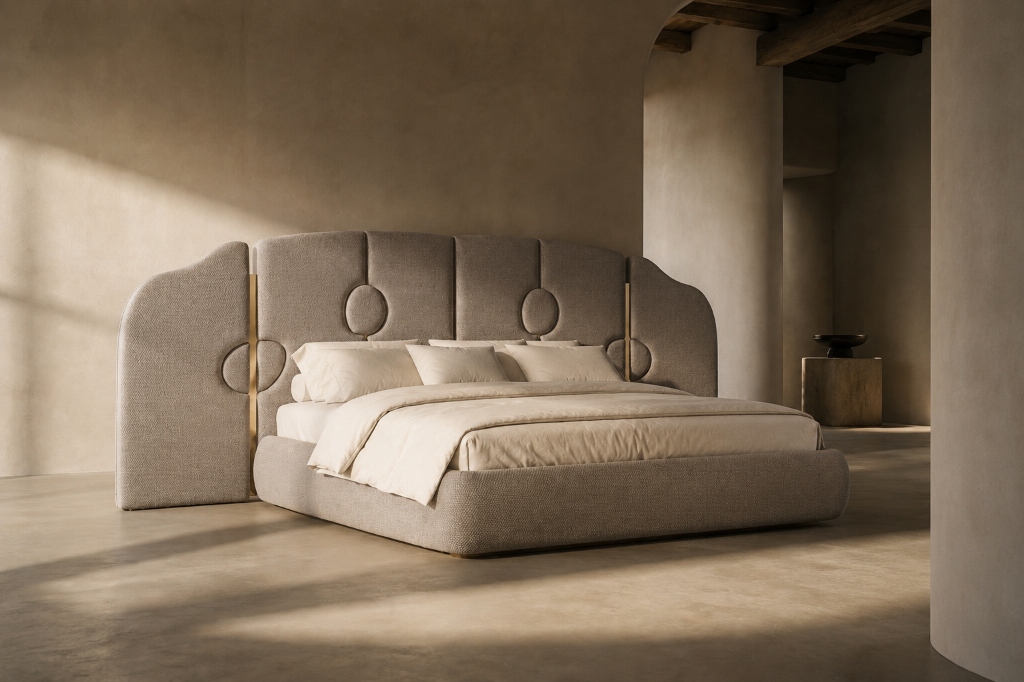 Opal Bed in a light cream upholstery layout positioned in a sunlit stone room.