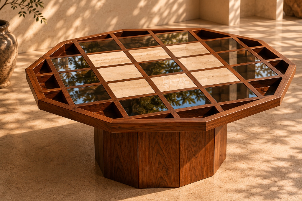 Perspective detail of the hand-carved octagonal walnut base.